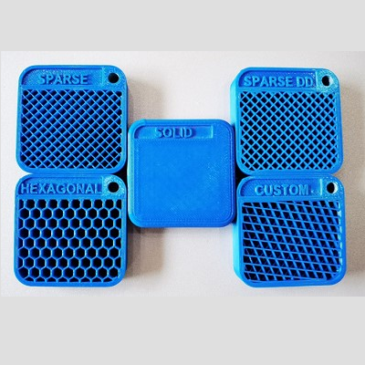 blue color 3d printed parts in PLA FDM showing infill of material